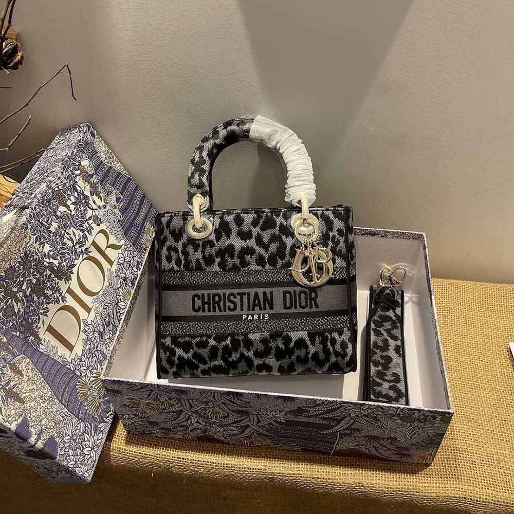 Dior Women Medium Lady D-lite Bag Gray Mizza Embroidery