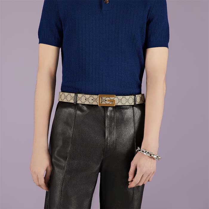 Gucci Unisex Reversible Belt Square G Buckle Beige Ebony GG Supreme Canvas Reverses Brown