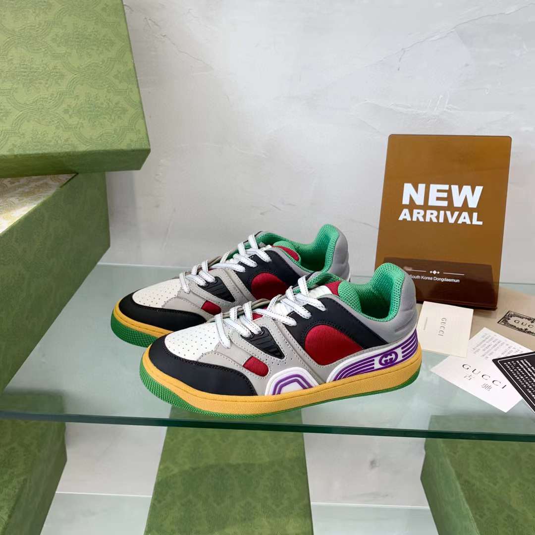 Gucci Unisex Basket Sneaker Black Demetra Red Mesh Rubber Sole Low 3.3 Cm Heel