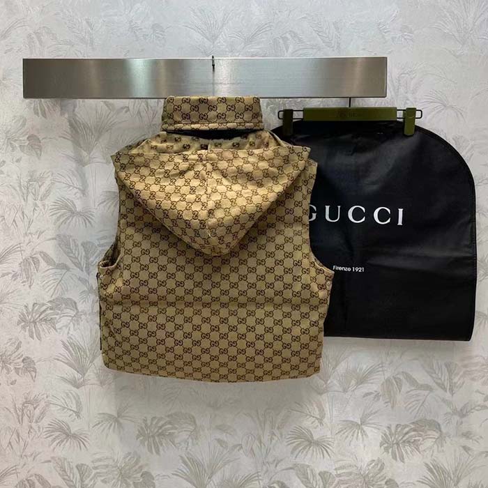 Gucci Women Canvas Padded Gilet GG Canvas Lined Concealed Hood High Neck Sleeveless