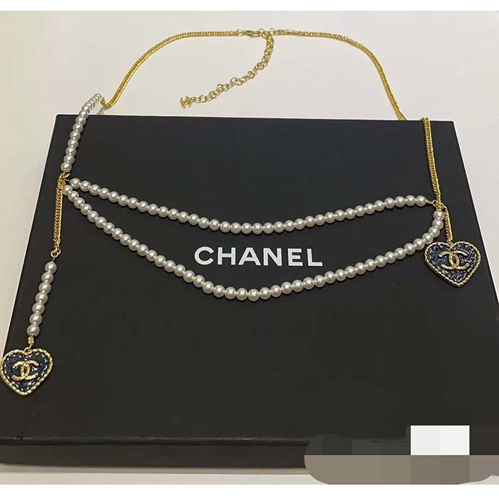 Chanel Women CC Chain Belt Metal Glass Pearls Gold Blue Pearly White