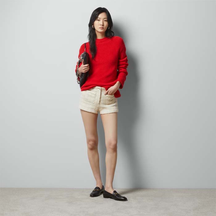 Gucci Women GG Wool Top Gucci Intarsia Red Crewneck Dropped Shoulder Long Sleeves