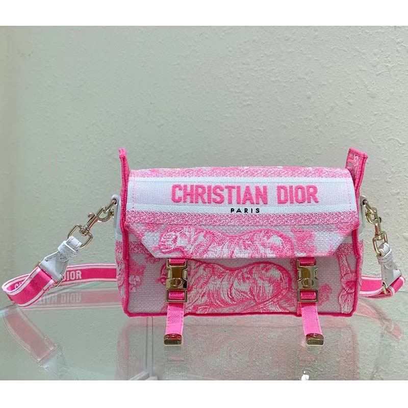 Dior Women CD Small Diorcamp Bag Transparent Canvas Fluorescent Pink Toile De Jouy