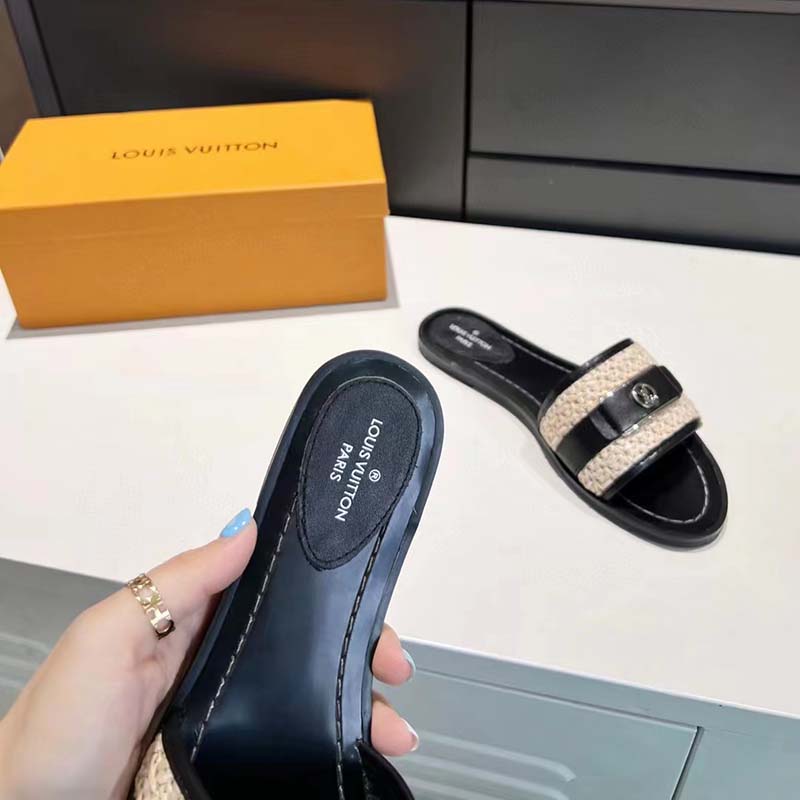 Louis Vuitton LV Women Lock It Flat Mule Black Raffia Calf Leather