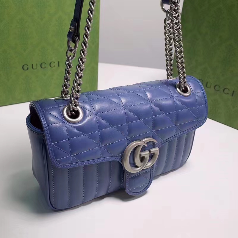Gucci Women GG Marmont Small Shoulder Bag Blue Matelassé Leather Double G