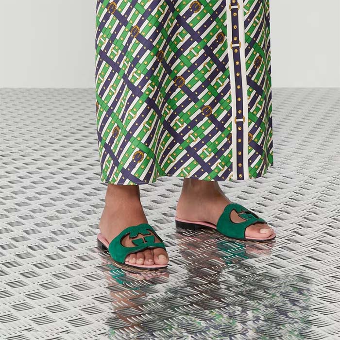 Gucci Unisex Interlocking G Cut-Out Slide Sandal Green Pink Suede Flat