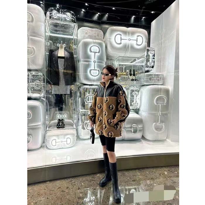 Gucci Women GG Wool Fleece Jacquard Zip Jacket Lined High Neck Dropped Shoulder Nylon Inserts