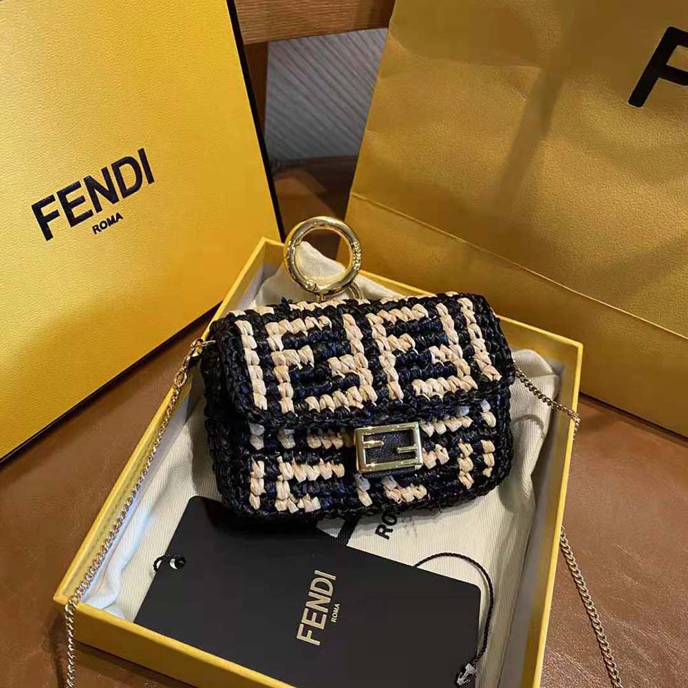 Fendi Women Nano Baguette Charm Black Raffia Charm