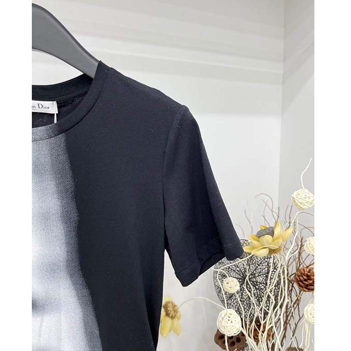 Dior Men T-Shirt Black White Cotton Linen Jersey Eiffel Tower Motif