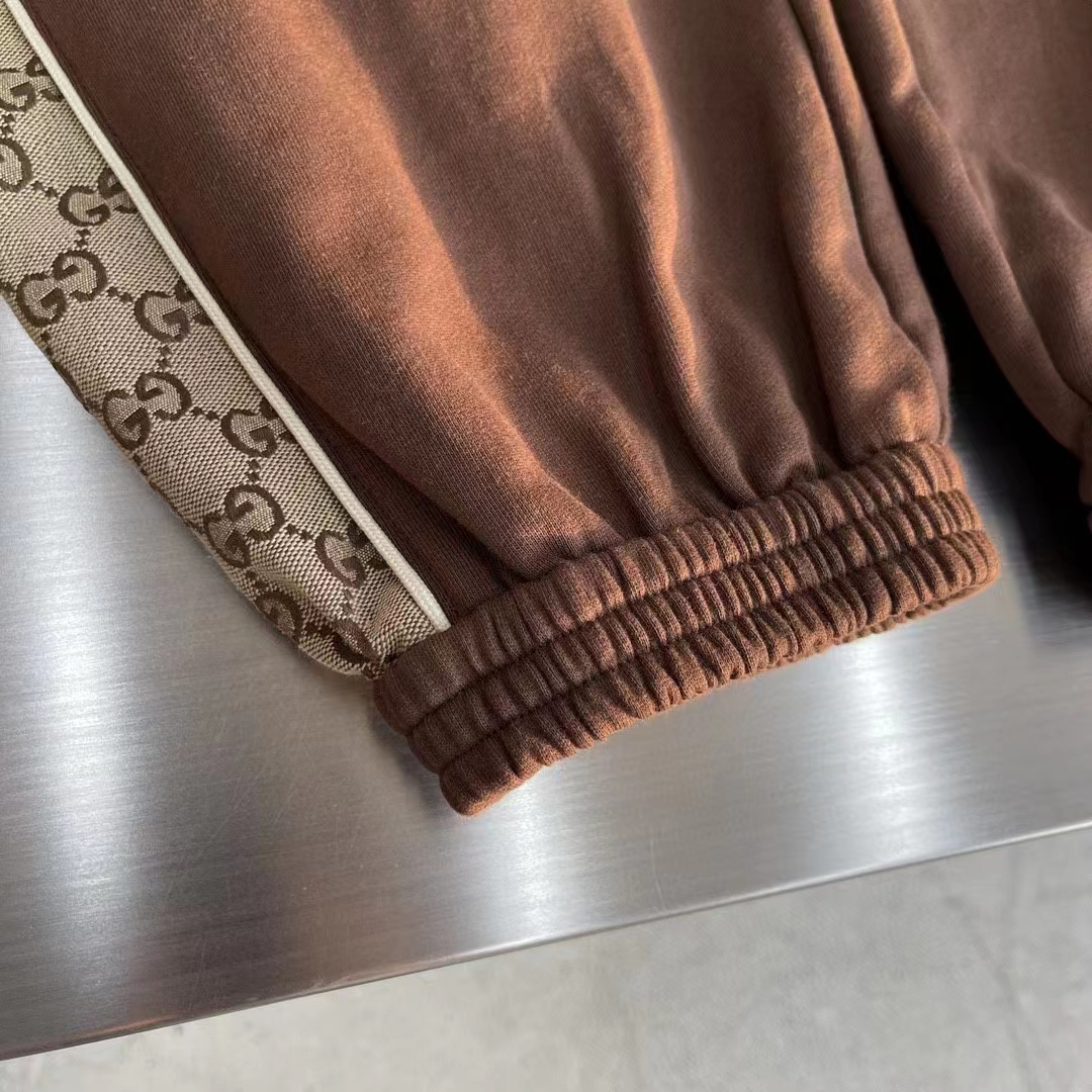 Gucci Men Cotton Jersey Sweatpants Brown Light GG Canvas Elastic Cuffs Relaxed Fit