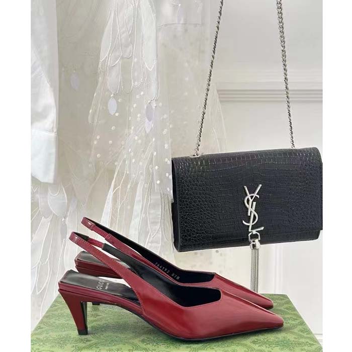 Gucci Women GG Slingback Pump Dark Red Leather Interlocking G Square Upper Mid-Heel