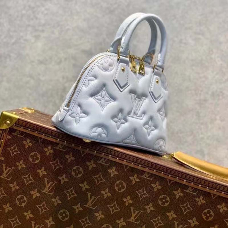 Louis Vuitton LV Women Alma BB Handbag Blue Quilted Embroidered Smooth Calf