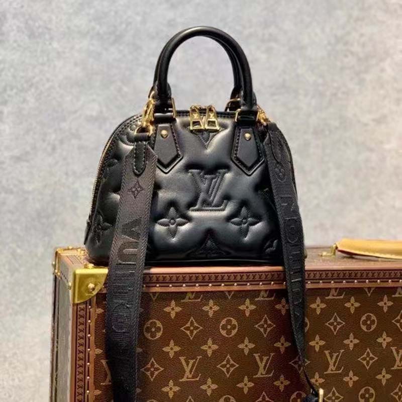 Louis Vuitton LV Women Alma BB Handbag Black Quilted Embroidered Smooth Calf
