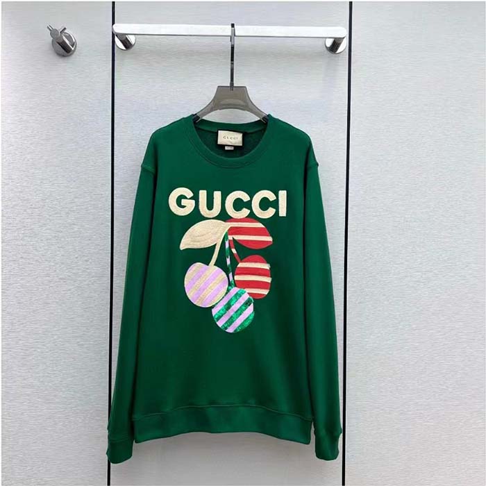 Gucci Women GG Cotton Jersey Sweatshirt Green Light Felted Crewneck Long Sleeves