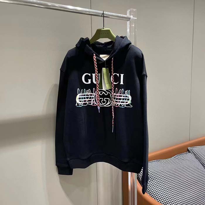 Gucci Women GG Cotton Jersey Sweatshirt Black Felted Long Sleeves Kangaroo Front Pocket