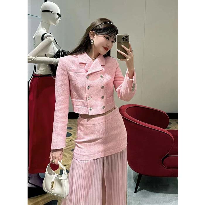 Gucci Women GG Cropped Tweed Jacket Sequins Pink Lined Square Notch Collar Style ‎771480 ZAPKK 5901
