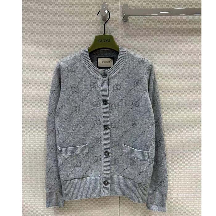 Gucci Women GG Cashmere Cardigan Interlocking G Crewneck Long Sleeves Two Front Pockets
