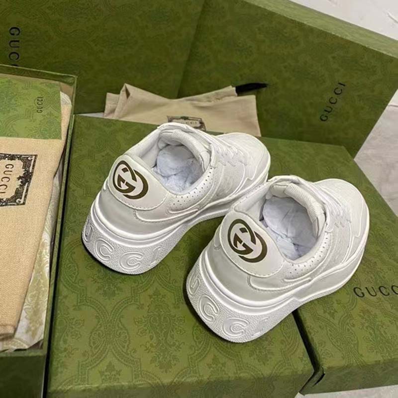 Gucci Unisex GG Embossed Sneaker White Smooth Leather Lace Up Flat