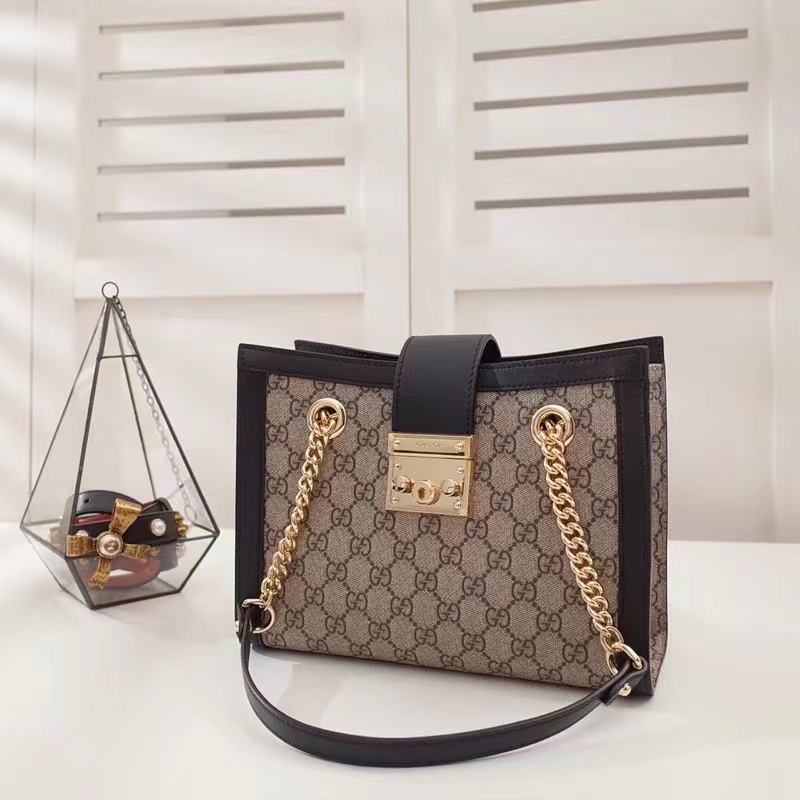 Gucci Women Padlock GG Small Shoulder Bag Black Beige Ebony Supreme Canvas