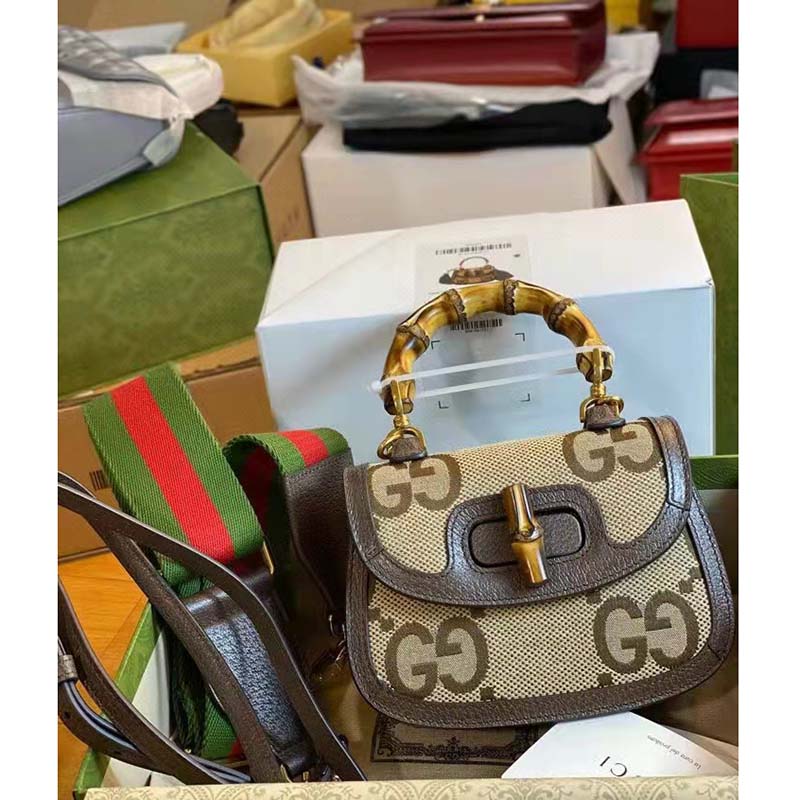 Gucci Women GG Bamboo 1947 Jumbo GG Small Top Handle Bag Brown Leather Bamboo