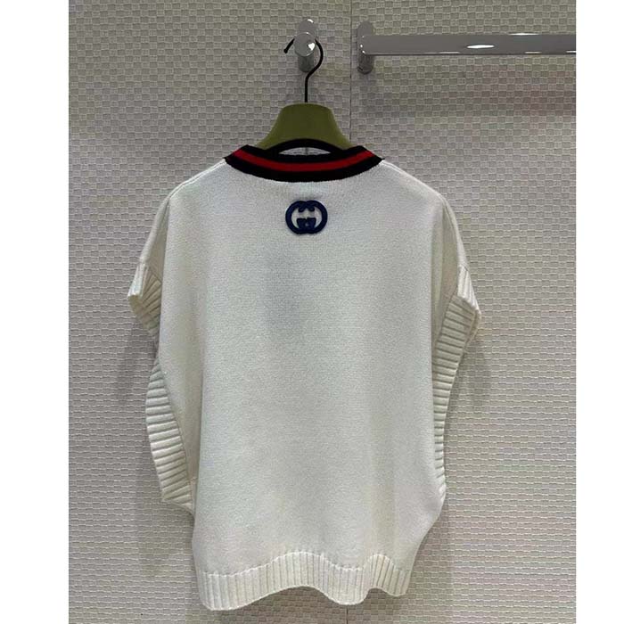 Gucci Women GG Wool Sweater Interlocking G Crewneck Web Stripe Wide Armhole Sleeveless