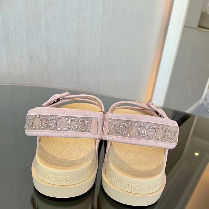 Gucci Women GG Sandal Crystals Rose Beige Mesh Tonal Suede Rubber Sole Flat