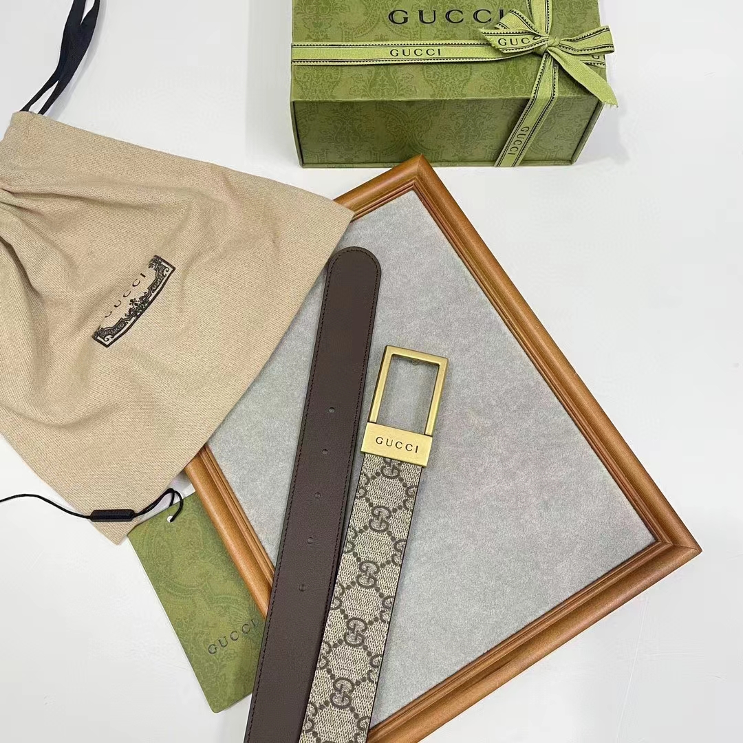 Gucci Unisex Belt Rectangular Buckle Beige Ebony GG Supreme Canvas 3.6 CM Width