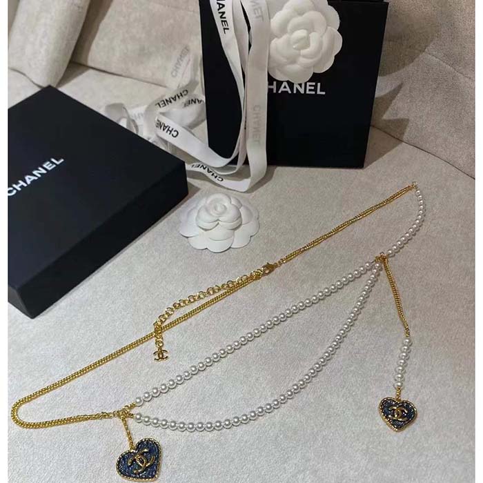 Chanel Women CC Chain Belt Metal Glass Pearls Gold Blue Pearly White