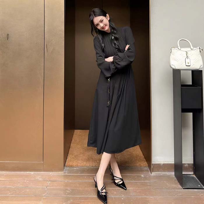 Louis Vuitton LV Women Monogram Accent Pleat Dress Silk Black 1AFDDG