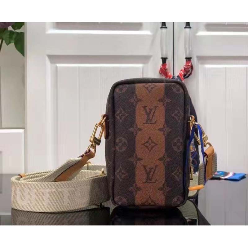 Louis Vuitton LV Unisex Flap Double Phone Pouch Monogram Stripes Brown Coated canvas