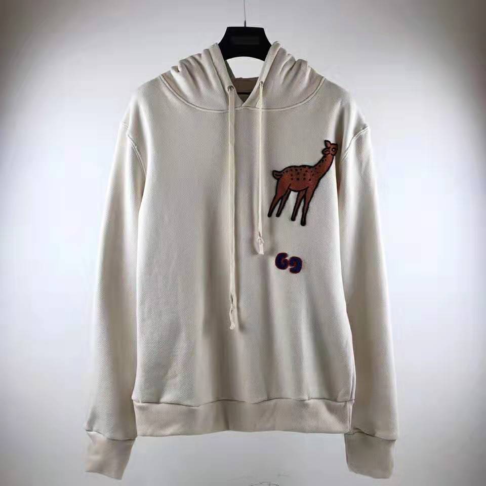 Gucci Men Hooded Sweatshirt with Deer Patch in 100% Cotton-White