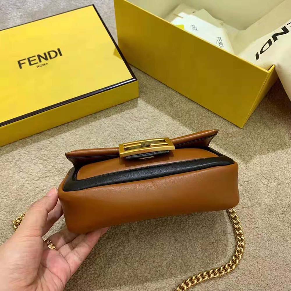 Fendi Women Mini Baguette Chain Brown and Black Nappa Leather Bag