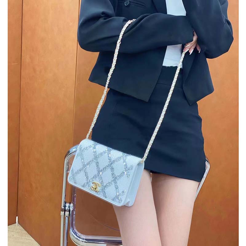 Chanel Women CC Wallet On Chain Embroidered Satin Sequins Gold-Tone Metal White Silver