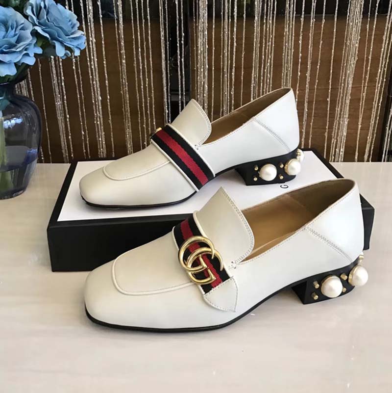Gucci Women Leather Mid-Heel Loafer with Blue and Red Web-White