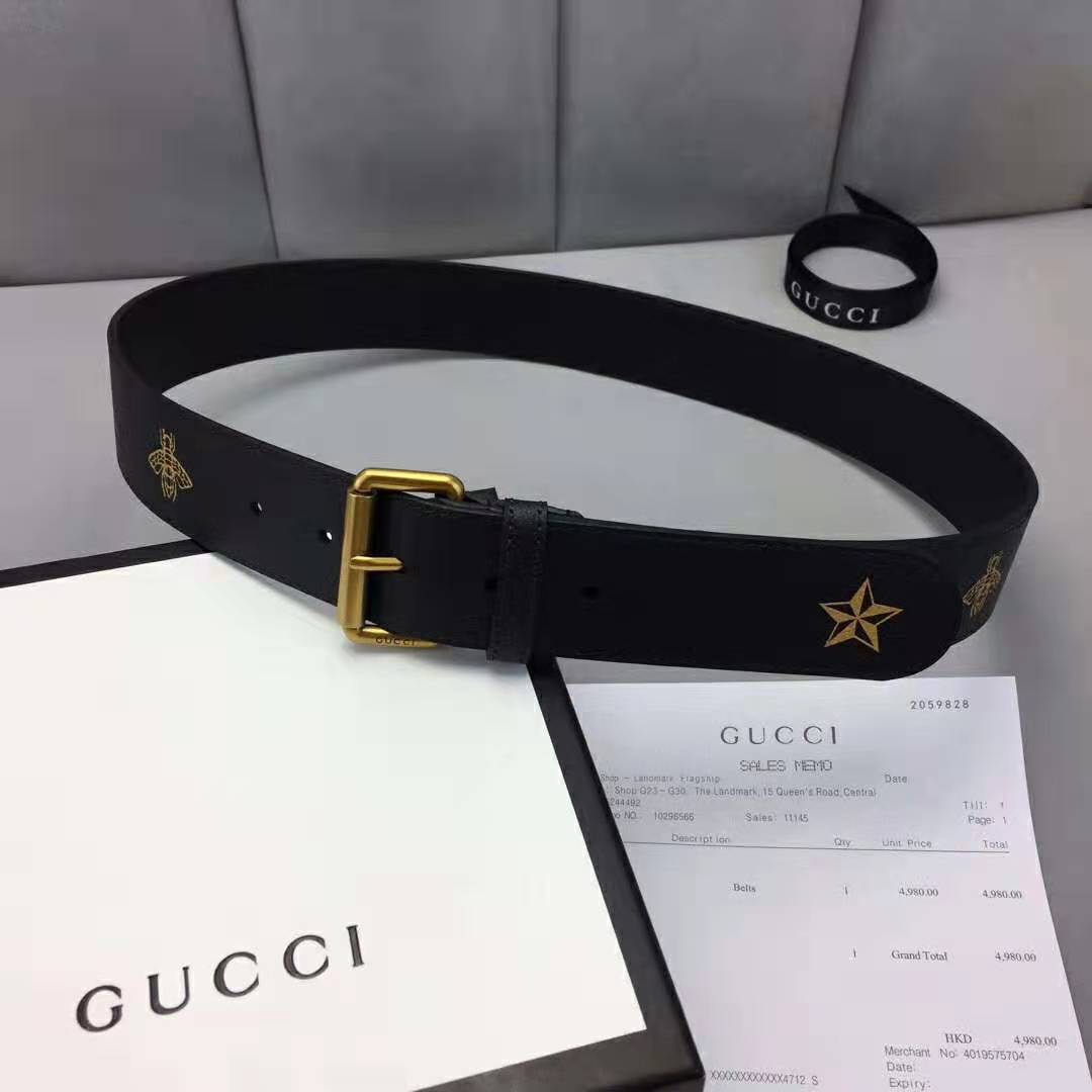 Gucci Unisex Belt with Bees and Stars Bet in Black Metal-Free Tanned Leather