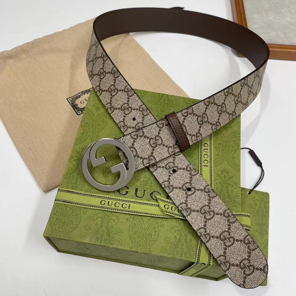 Gucci Unisex GG Blondie Belt Round Interlocking G Buckle Beige Ebony Supreme Canvas