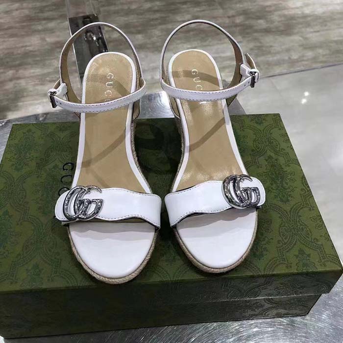 Gucci Women GG Leather Espadrille Sandal Interlocking G Off White Mid Heel