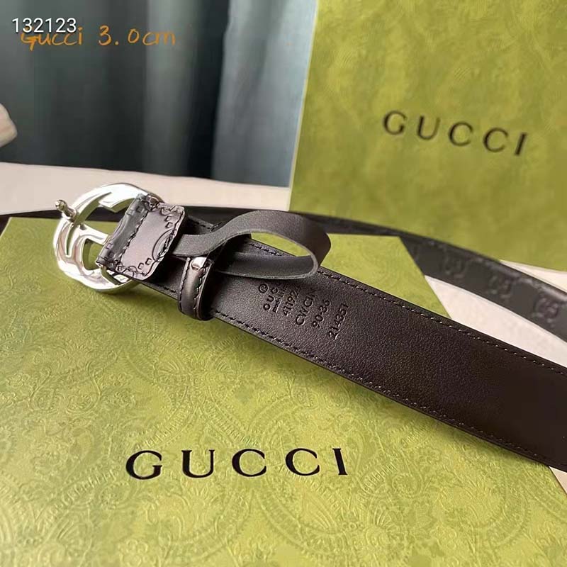 Gucci Unisex GG Signature Leather Belt Interlocking G Buckle Silver Hardware 4 cm Width