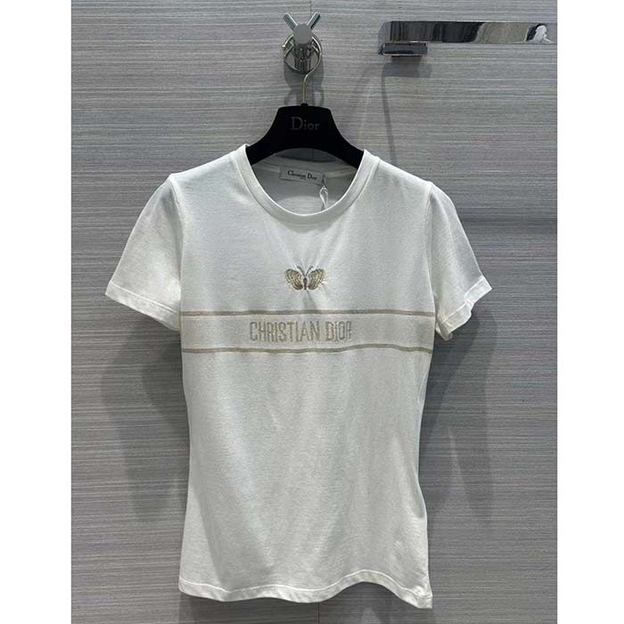 Dior Men CD Embroidered T-Shirt White Cotton Jersey Gold-Tone Signature