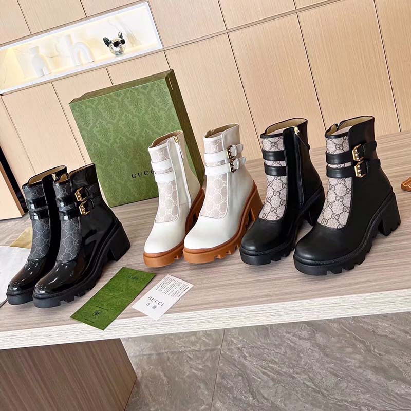 Gucci Women GG Ankle Boot Buckles Black Leather Rubber Sole Mid-Heel