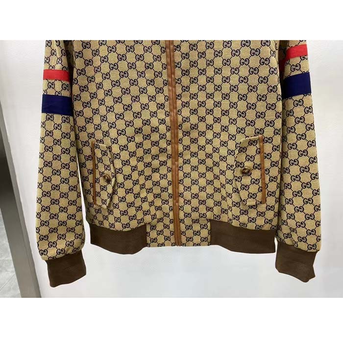 Gucci Women GG Cotton Canvas Zip Jacket Beige Blue Leather Lined Stand Collar Buttons