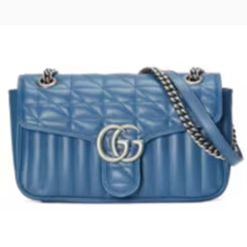 Gucci Women GG Marmont Small Shoulder Bag Blue Matelassé Leather Double G