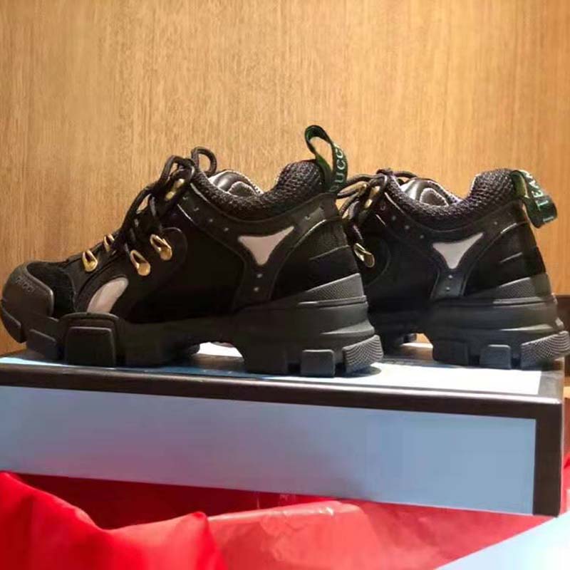 Gucci Unisex Flashtrek Sneaker with Removable Crystals in Black Leather 5.6 cm Heel