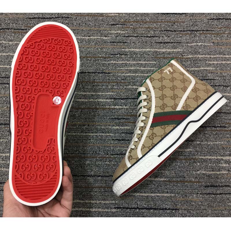 Gucci Unisex Tennis 1977 High Top Sneaker Brown Rubber Sole Flat 2 Cm Heel