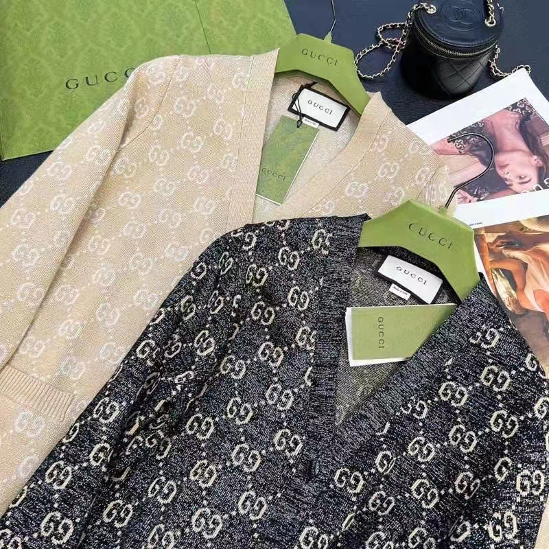 Gucci Women Lamé GG Jacquard Cardigan Camel Beige Fine Cotton