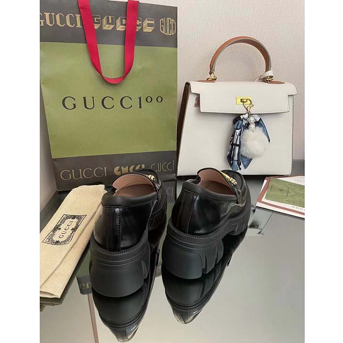 Gucci Women GG Lug Sole Interlocking G Loafer Black Patent Leather Low Heel Rubber