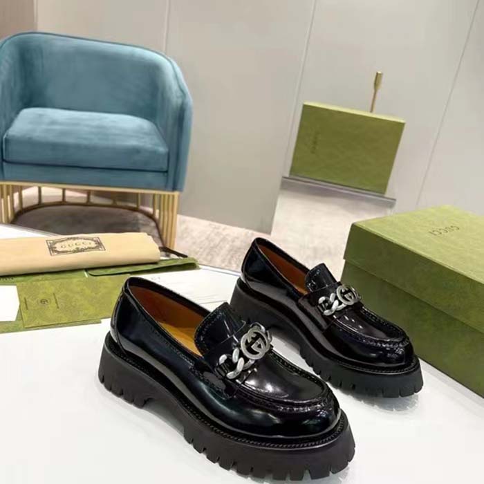 Gucci Unisex GG Loafer Interlocking G Black Leather Rubber Lug Mid 4.3 CM Heel