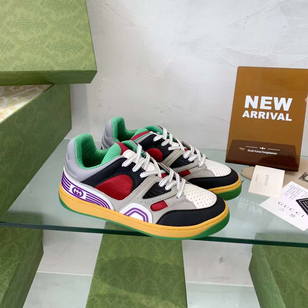 Gucci Unisex Basket Sneaker Black Demetra Red Mesh Rubber Sole Low 3.3 Cm Heel