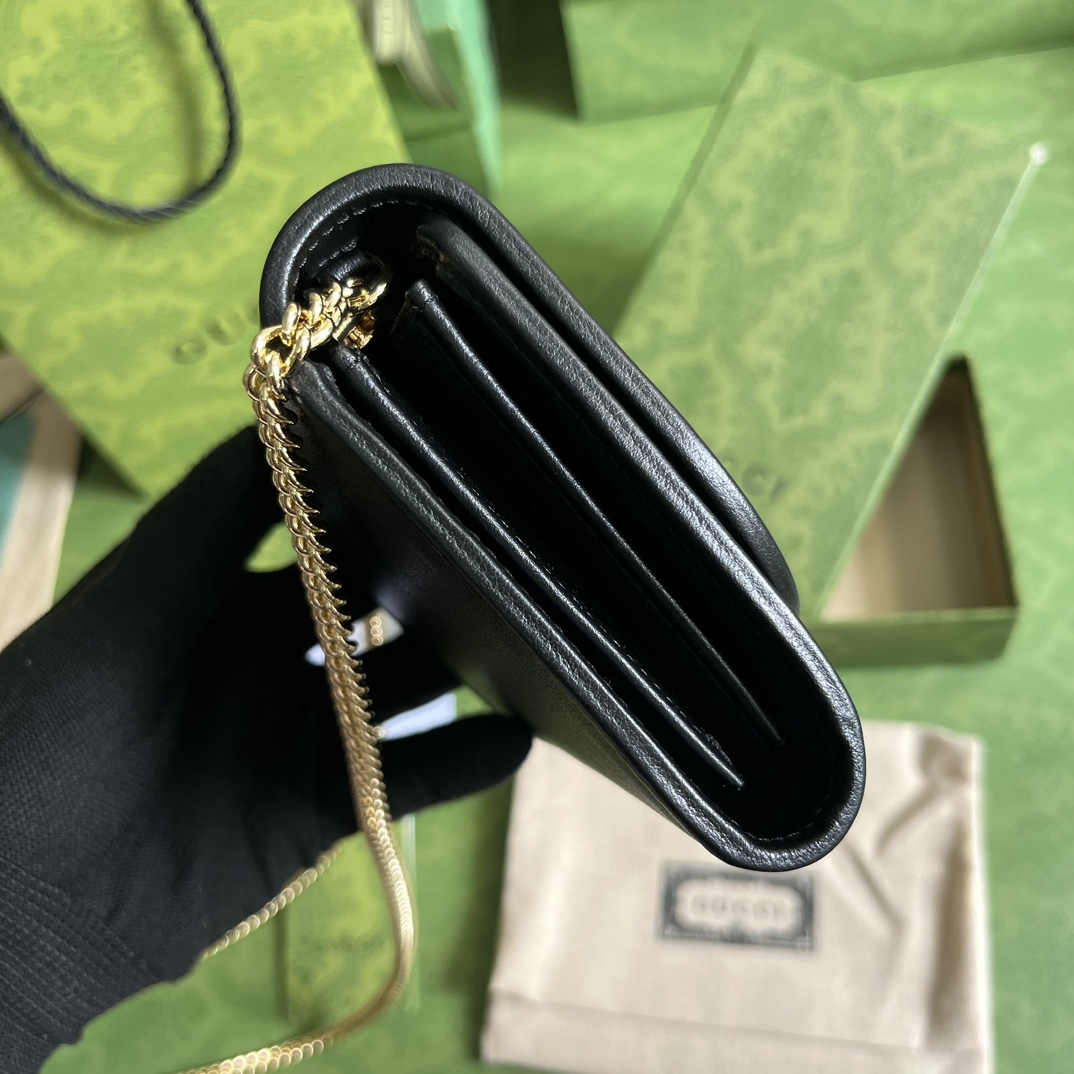 Gucci Women GG Blondie Medium Chain Wallet Black Leather Round Interlocking G