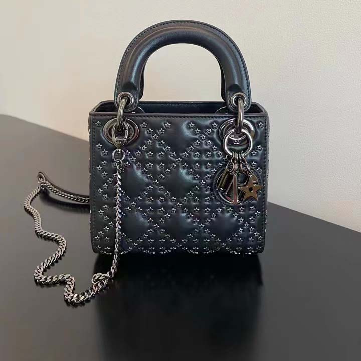 Dior Women CD Mini Lady Dior Bag Black Lucky Star Cannage Lambskin